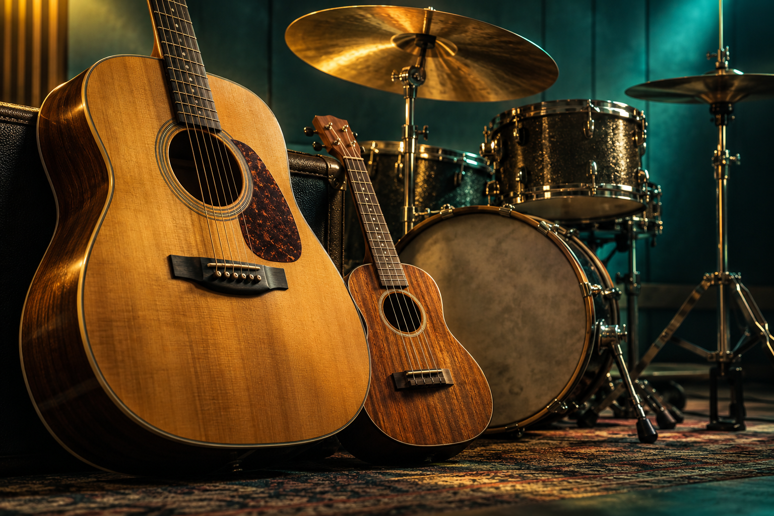 Acoustic guitar, ukulele and drums in a warmly lit rehearsal setting